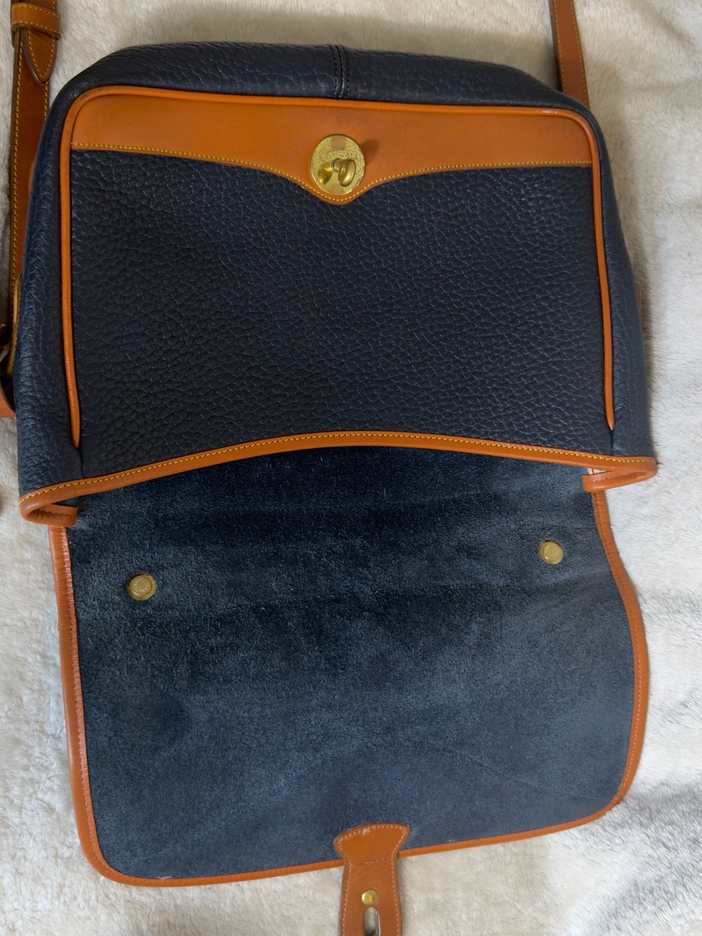 Vintage Dooney & Bourke AWL Cavalry Crossbody Shoulder Satchel Bag Navy Tan USA - Picture 14 of 16